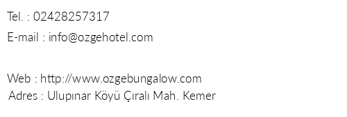 zge Hotel Bungalow telefon numaralar, faks, e-mail, posta adresi ve iletiim bilgileri
